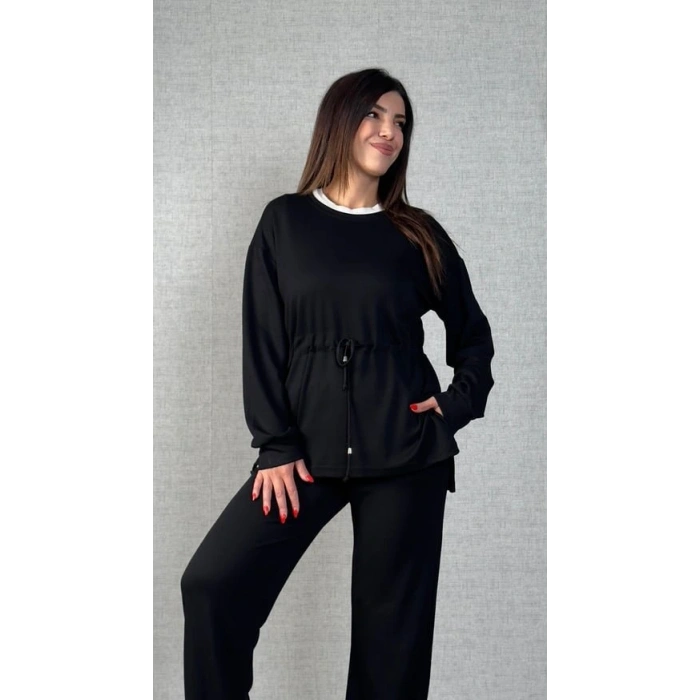 Kadın Uzun Kollu Bisiklet Yaka Belden Büzgülü Bağcıklı Viskon Iki Iplik Bluz Ve Pantolon Ikili Takım