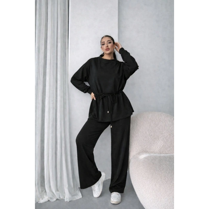 Kadın Uzun Kollu Bisiklet Yaka Belden Büzgülü Bağcıklı Viskon Iki Iplik Bluz Ve Pantolon Ikili Takım