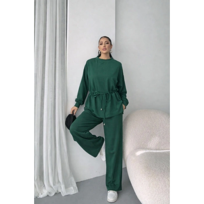 Kadın Uzun Kollu Bisiklet Yaka Belden Büzgülü Bağcıklı Viskon Iki Iplik Bluz Ve Pantolon Ikili Takım
