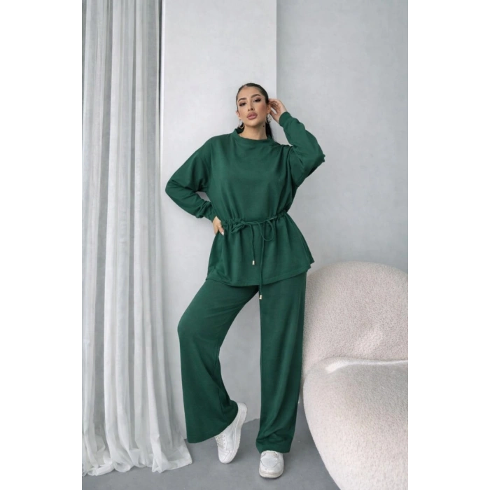 Kadın Uzun Kollu Bisiklet Yaka Belden Büzgülü Bağcıklı Viskon Iki Iplik Bluz Ve Pantolon Ikili Takım