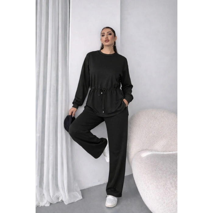 Kadın Uzun Kollu Bisiklet Yaka Belden Büzgülü Bağcıklı Viskon Iki Iplik Bluz Ve Pantolon Ikili Takım