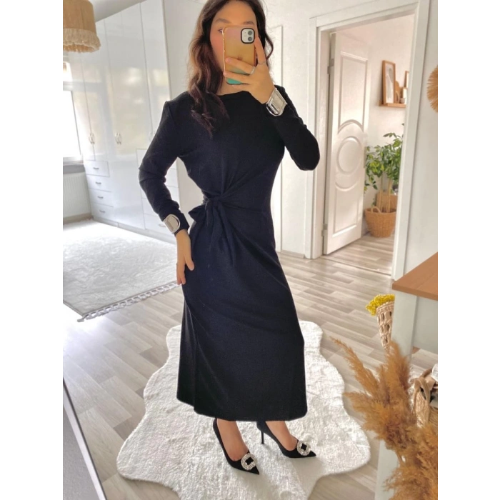 Kadın Uzun Kollu Bisiklet Yaka Belden çapraz Bağlamalı Yandan Yırtmaçlı Uzun Viskon Iki Iplik Elbise