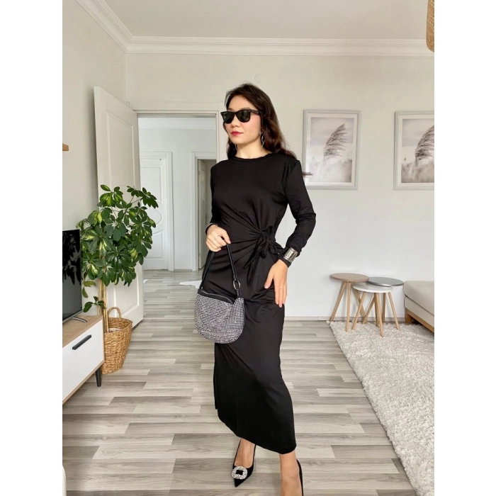 Kadın Uzun Kollu Bisiklet Yaka Belden çapraz Bağlamalı Yandan Yırtmaçlı Uzun Viskon Iki Iplik Elbise