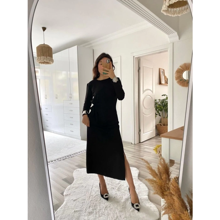 Kadın Uzun Kollu Bisiklet Yaka Belden çapraz Bağlamalı Yandan Yırtmaçlı Uzun Viskon Iki Iplik Elbise