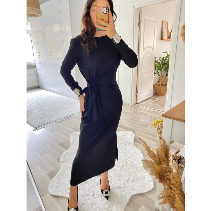 Kadın Uzun Kollu Bisiklet Yaka Belden çapraz Bağlamalı Yandan Yırtmaçlı Uzun Viskon Iki Iplik Elbise