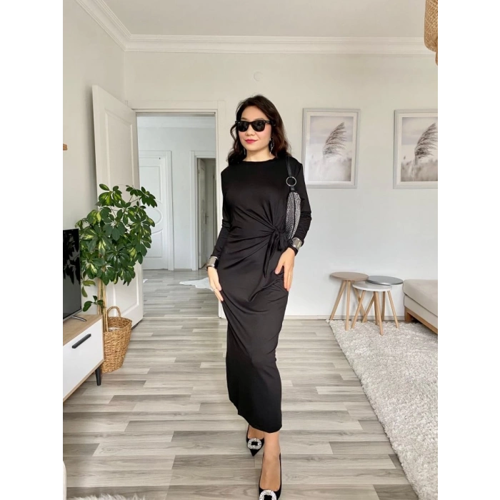 Kadın Uzun Kollu Bisiklet Yaka Belden çapraz Bağlamalı Yandan Yırtmaçlı Uzun Viskon Iki Iplik Elbise