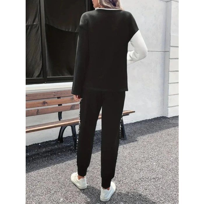 Kadın Uzun Kollu Bisiklet Yaka çift Renkli Viskon Iki Iplik Bluz Ve Pantolon Ikili Takım