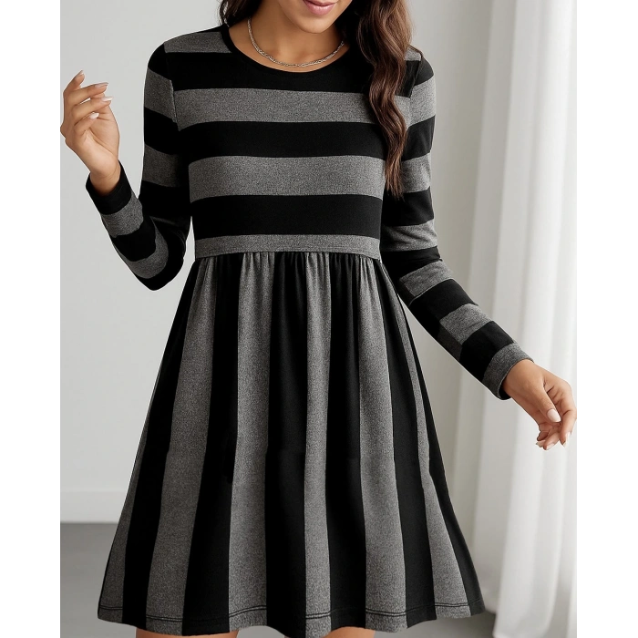 Kadın Uzun Kollu Bisiklet Yaka çizgili Desen Detaylı Süprem Mini Elbise