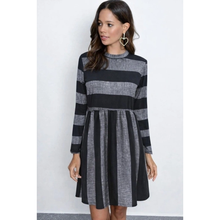 Kadın Uzun Kollu Bisiklet Yaka çizgili Desen Detaylı Süprem Mini Elbise