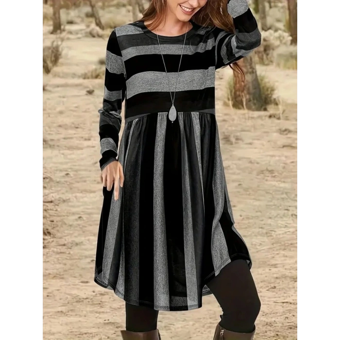 Kadın Uzun Kollu Bisiklet Yaka çizgili Desen Detaylı Süprem Mini Elbise