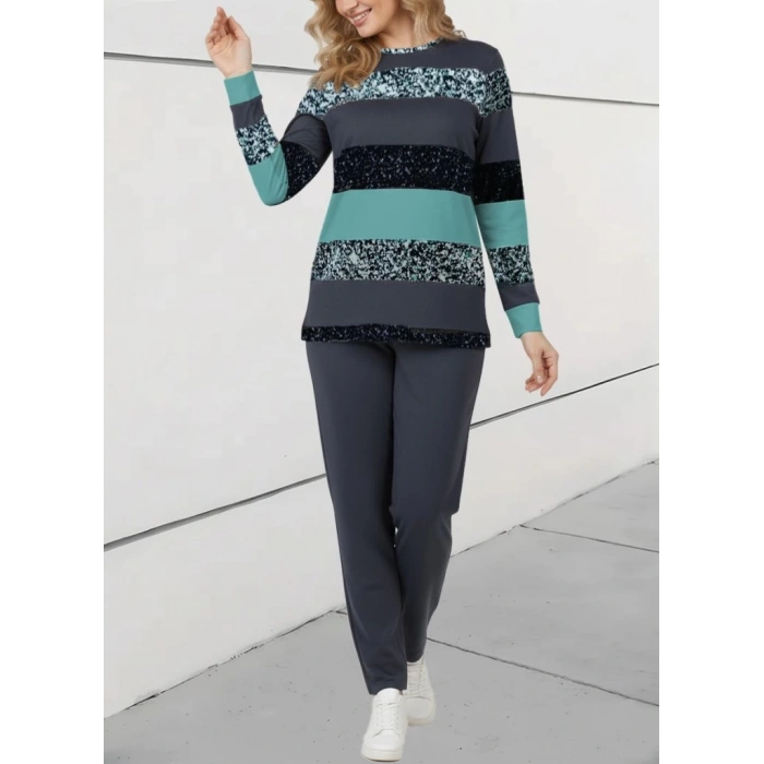 Kadın Uzun Kollu Bisiklet Yaka çizgili Desen Iki Iplik Bluz Ve Pantolon Ikili Takım