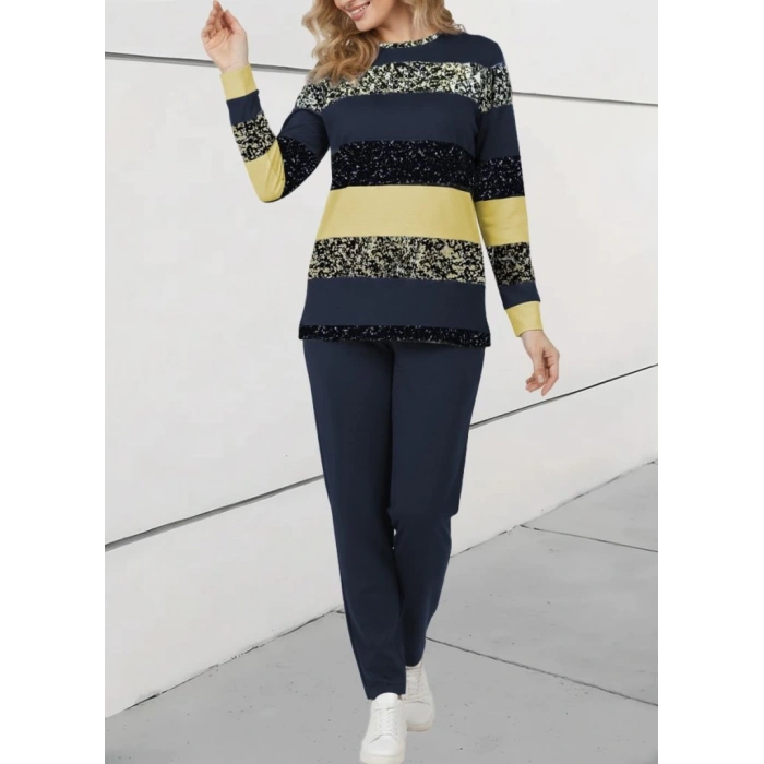 Kadın Uzun Kollu Bisiklet Yaka çizgili Desen Iki Iplik Bluz Ve Pantolon Ikili Takım