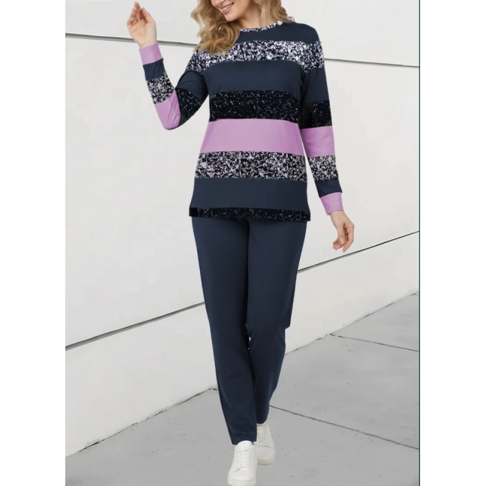 Kadın Uzun Kollu Bisiklet Yaka çizgili Desen Iki Iplik Bluz Ve Pantolon Ikili Takım