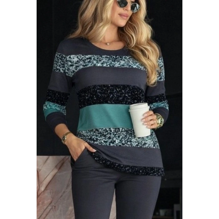 Kadın Uzun Kollu Bisiklet Yaka çizgili Desen Iki Iplik Bluz Ve Pantolon Ikili Takım