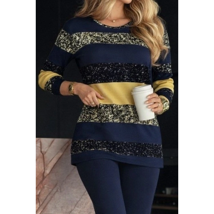 Kadın Uzun Kollu Bisiklet Yaka çizgili Desen Iki Iplik Bluz Ve Pantolon Ikili Takım