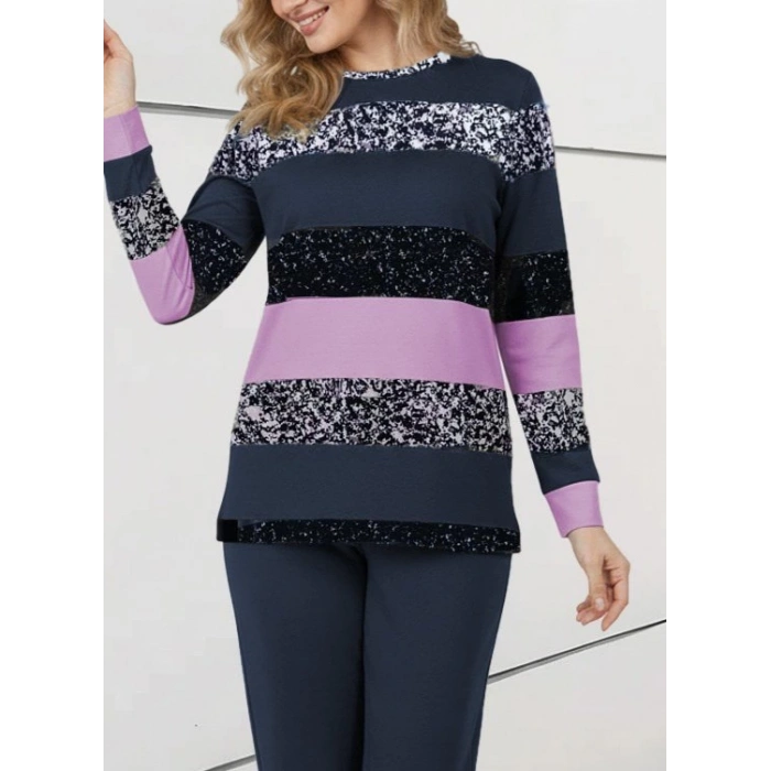 Kadın Uzun Kollu Bisiklet Yaka çizgili Desen Iki Iplik Bluz Ve Pantolon Ikili Takım