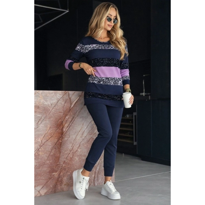 Kadın Uzun Kollu Bisiklet Yaka çizgili Desen Iki Iplik Bluz Ve Pantolon Ikili Takım