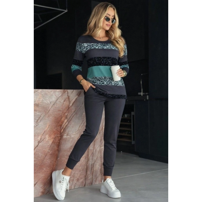 Kadın Uzun Kollu Bisiklet Yaka çizgili Desen Iki Iplik Bluz Ve Pantolon Ikili Takım