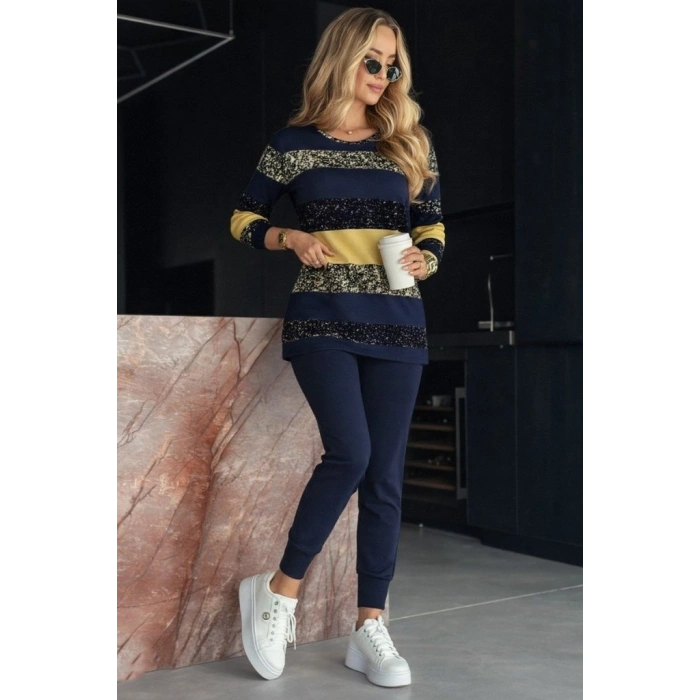 Kadın Uzun Kollu Bisiklet Yaka çizgili Desen Iki Iplik Bluz Ve Pantolon Ikili Takım