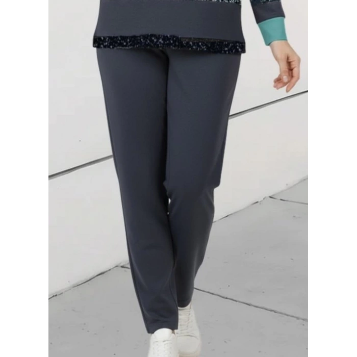 Kadın Uzun Kollu Bisiklet Yaka çizgili Desen Iki Iplik Bluz Ve Pantolon Ikili Takım