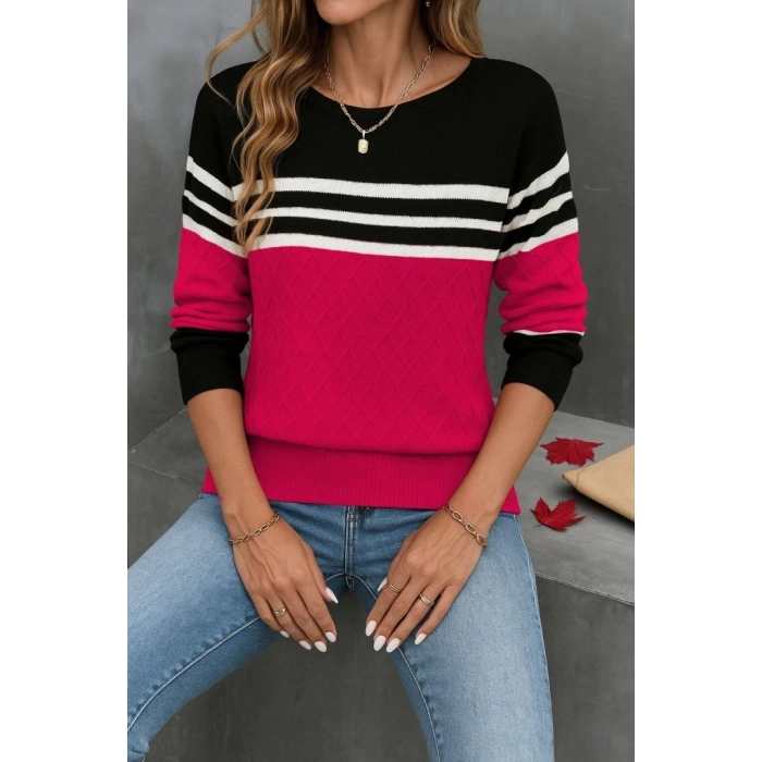 Kadın Uzun Kollu Bisiklet Yaka çok Renkli Triko Bluz