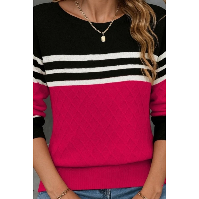 Kadın Uzun Kollu Bisiklet Yaka çok Renkli Triko Bluz