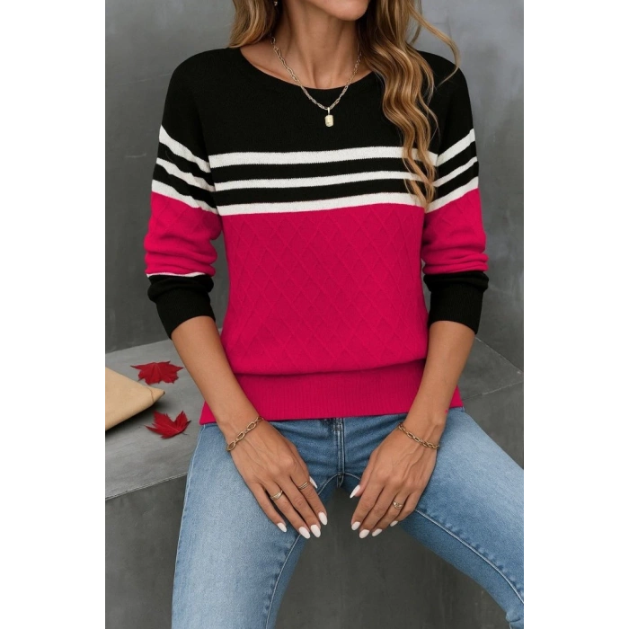 Kadın Uzun Kollu Bisiklet Yaka çok Renkli Triko Bluz