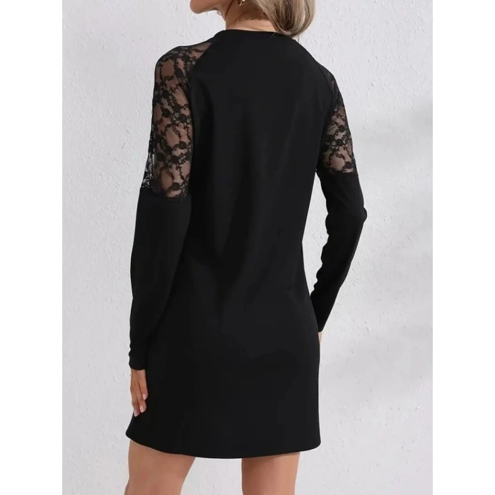 Kadın Uzun Kollu Bisiklet Yaka Dantel Detaylı Visk8n Iki Iplik Düğmeli Mini Elbise