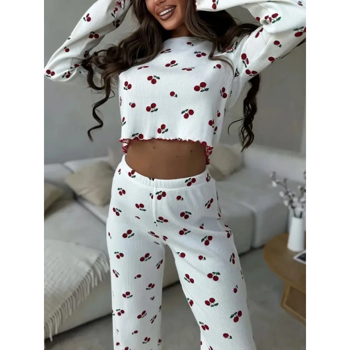 Kadın Uzun Kollu Bisiklet Yaka Desenli Burgu Bluz Ve Pijama Ikili Takım