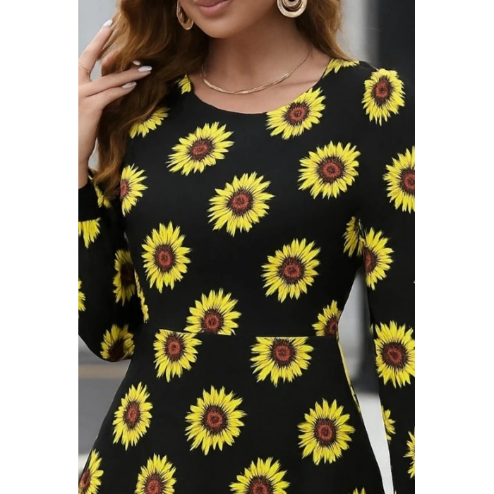 Kadın Uzun Kollu Bisiklet Yaka Desenli Kısa Krep Elbise