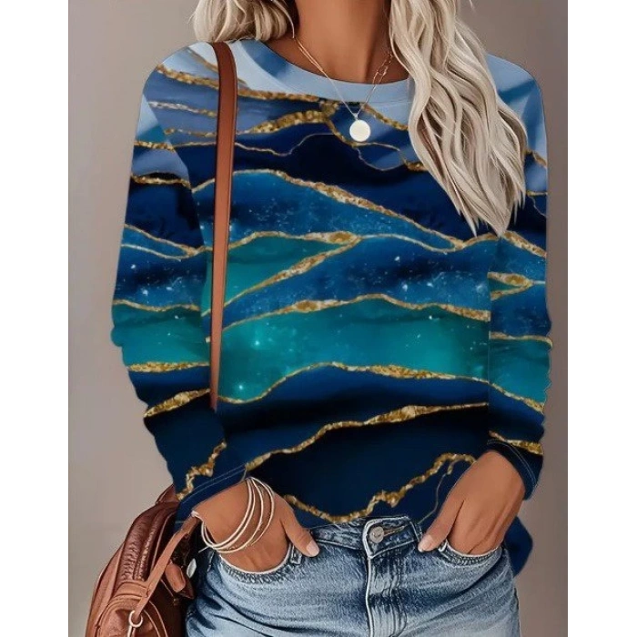 Kadın Uzun Kollu Bisiklet Yaka Desenli Modal Bluz