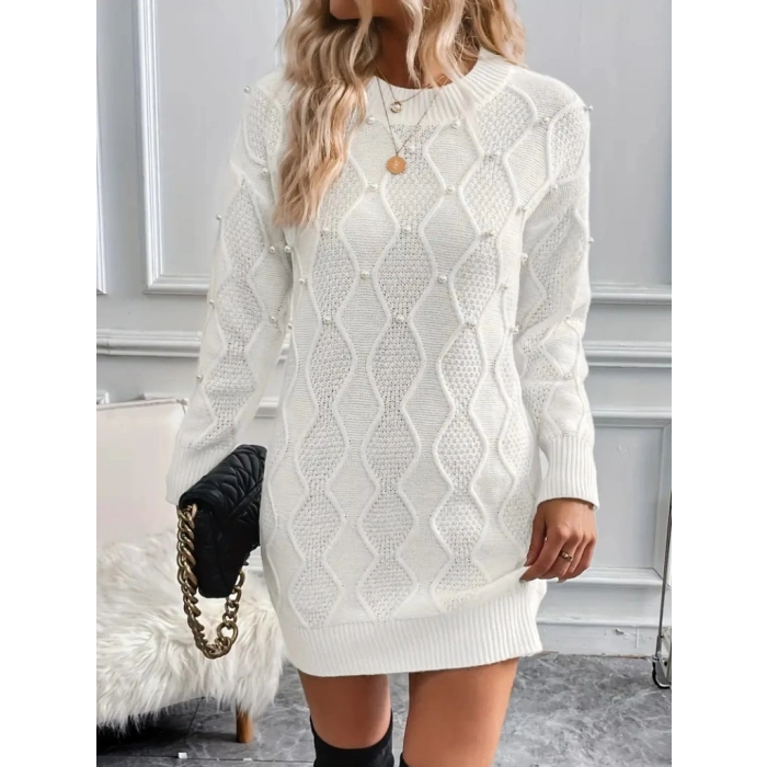 Kadın Uzun Kollu Bisiklet Yaka Desenli Triko Elbise