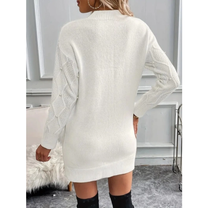 Kadın Uzun Kollu Bisiklet Yaka Desenli Triko Elbise