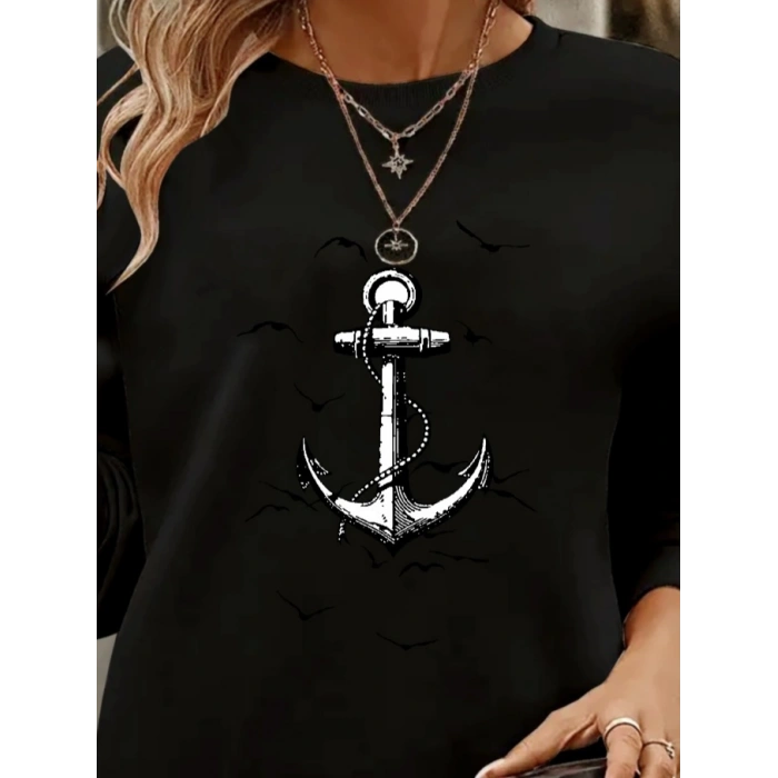 Kadın Uzun Kollu Bisiklet Yaka Desenli Viskon Iki Iplik Bluz