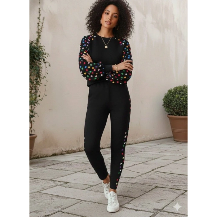 Kadın Uzun Kollu Bisiklet Yaka Desenli Viskon Iki Iplik Bluz Ve Pantolon Ikili Takım