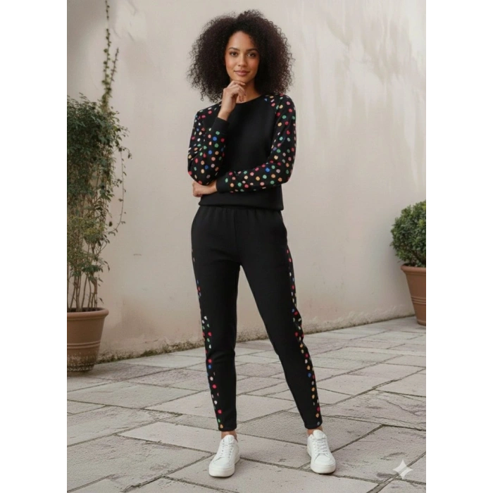 Kadın Uzun Kollu Bisiklet Yaka Desenli Viskon Iki Iplik Bluz Ve Pantolon Ikili Takım