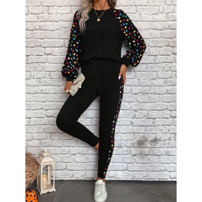 Kadın Uzun Kollu Bisiklet Yaka Desenli Viskon Iki Iplik Bluz Ve Pantolon Ikili Takım