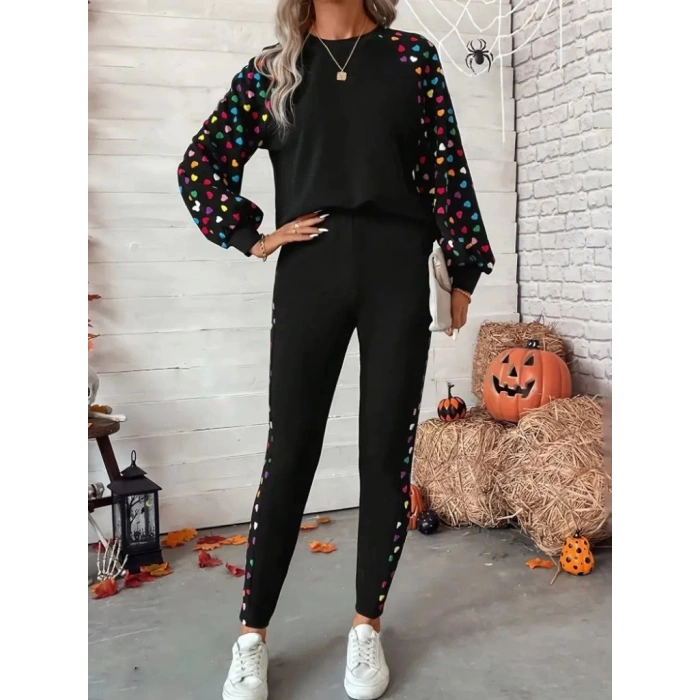 Kadın Uzun Kollu Bisiklet Yaka Desenli Viskon Iki Iplik Bluz Ve Pantolon Ikili Takım
