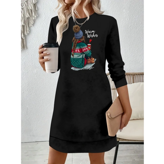 Kadın Uzun Kollu Bisiklet Yaka Desenli Viskon Iki Iplik Elbise