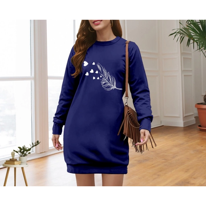 Kadın Uzun Kollu Bisiklet Yaka Desenli Viskon Iki Iplik Elbise