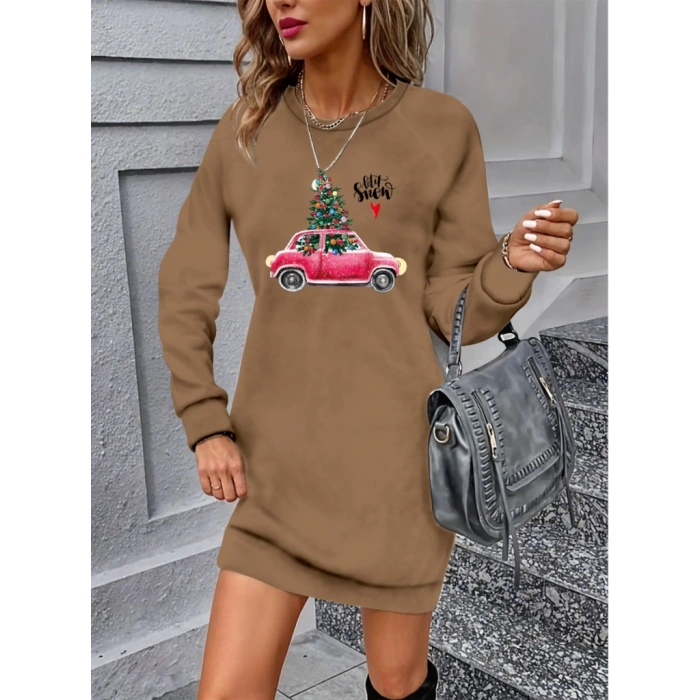 Kadın Uzun Kollu Bisiklet Yaka Desenli Viskon Iki Iplik Elbise