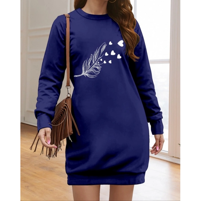 Kadın Uzun Kollu Bisiklet Yaka Desenli Viskon Iki Iplik Elbise