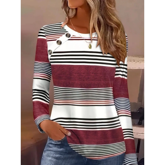 Kadın Uzun Kollu Bisiklet Yaka Düğme Detaylı Desenli Süprem Bluz