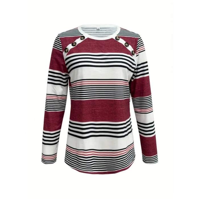 Kadın Uzun Kollu Bisiklet Yaka Düğme Detaylı Desenli Süprem Bluz