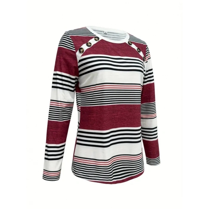 Kadın Uzun Kollu Bisiklet Yaka Düğme Detaylı Desenli Süprem Bluz