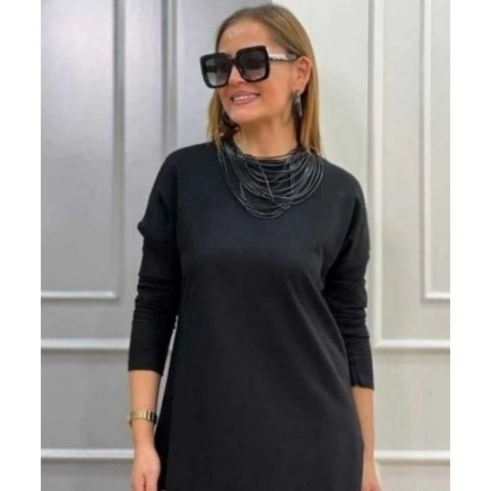 Kadın Uzun Kollu Bisiklet Yaka Etek Ucu Deri Dantelli Viskon Iki Iplik Midi Elbise