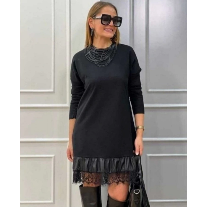 Kadın Uzun Kollu Bisiklet Yaka Etek Ucu Deri Dantelli Viskon Iki Iplik Midi Elbise