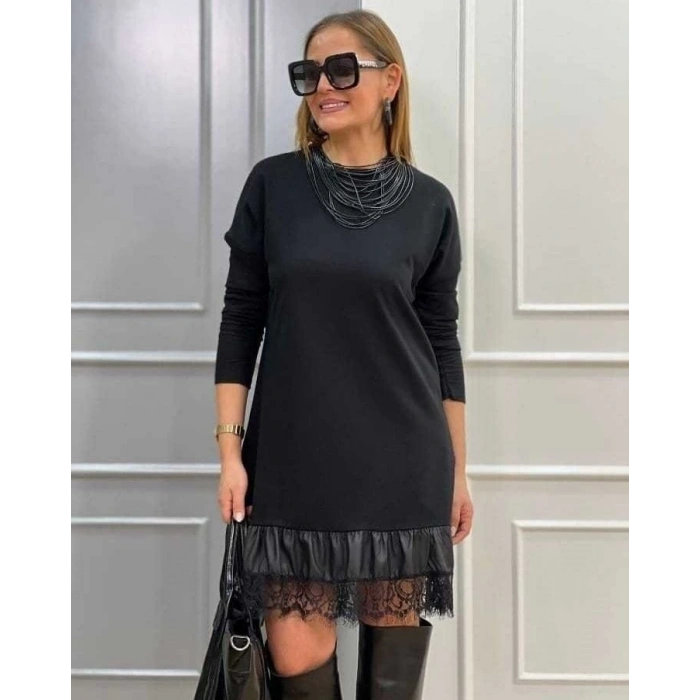 Kadın Uzun Kollu Bisiklet Yaka Etek Ucu Deri Ve Tül Detay Iki Iplik Mini Boy Elbise