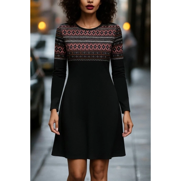 Kadın Uzun Kollu Bisiklet Yaka Etnik Desenli Kısa şardonlu Dalgıç Elbise