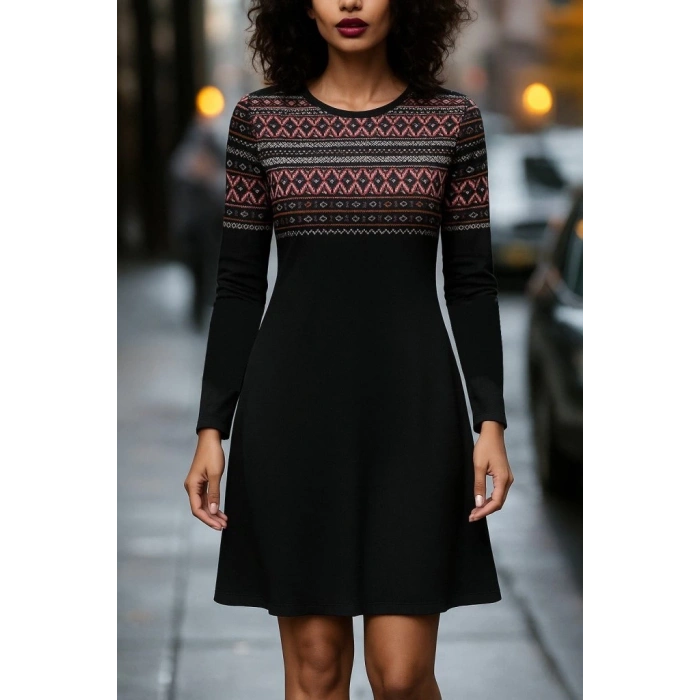 Kadın Uzun Kollu Bisiklet Yaka Etnik Desenli Kısa şardonlu Dalgıç Elbise